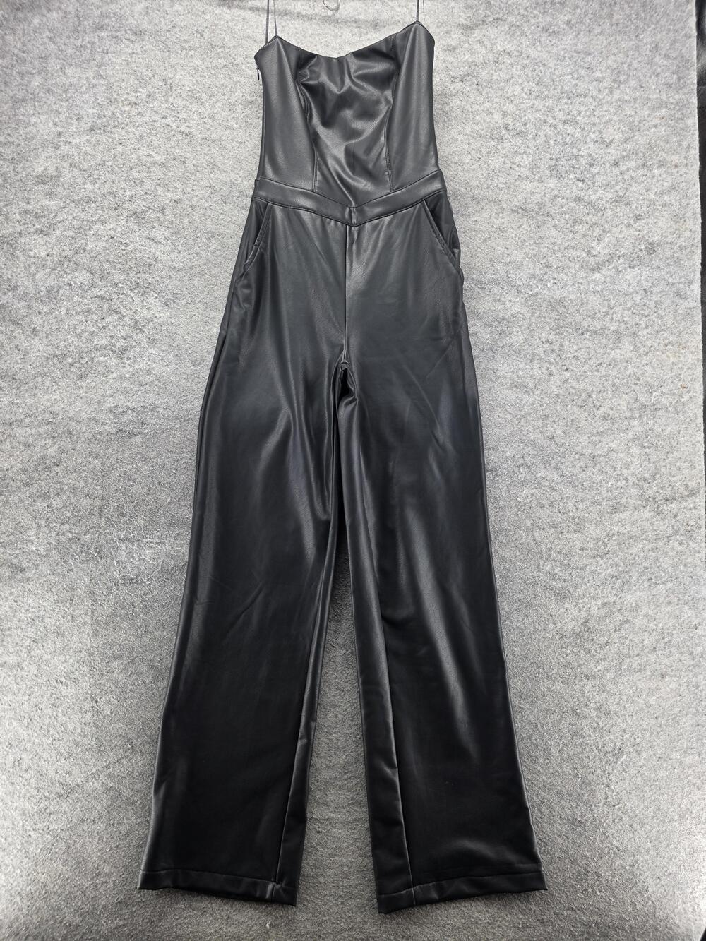 Windsor Jumpsuit Womens Small Black Faux Leather Strapless Bustier Wide Leg